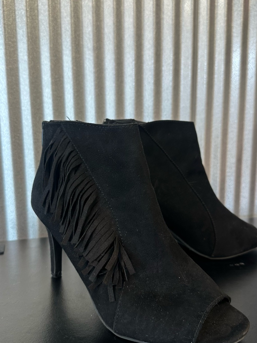 new directions Black Suede Fringe Peep-Toe Ankle Booties
